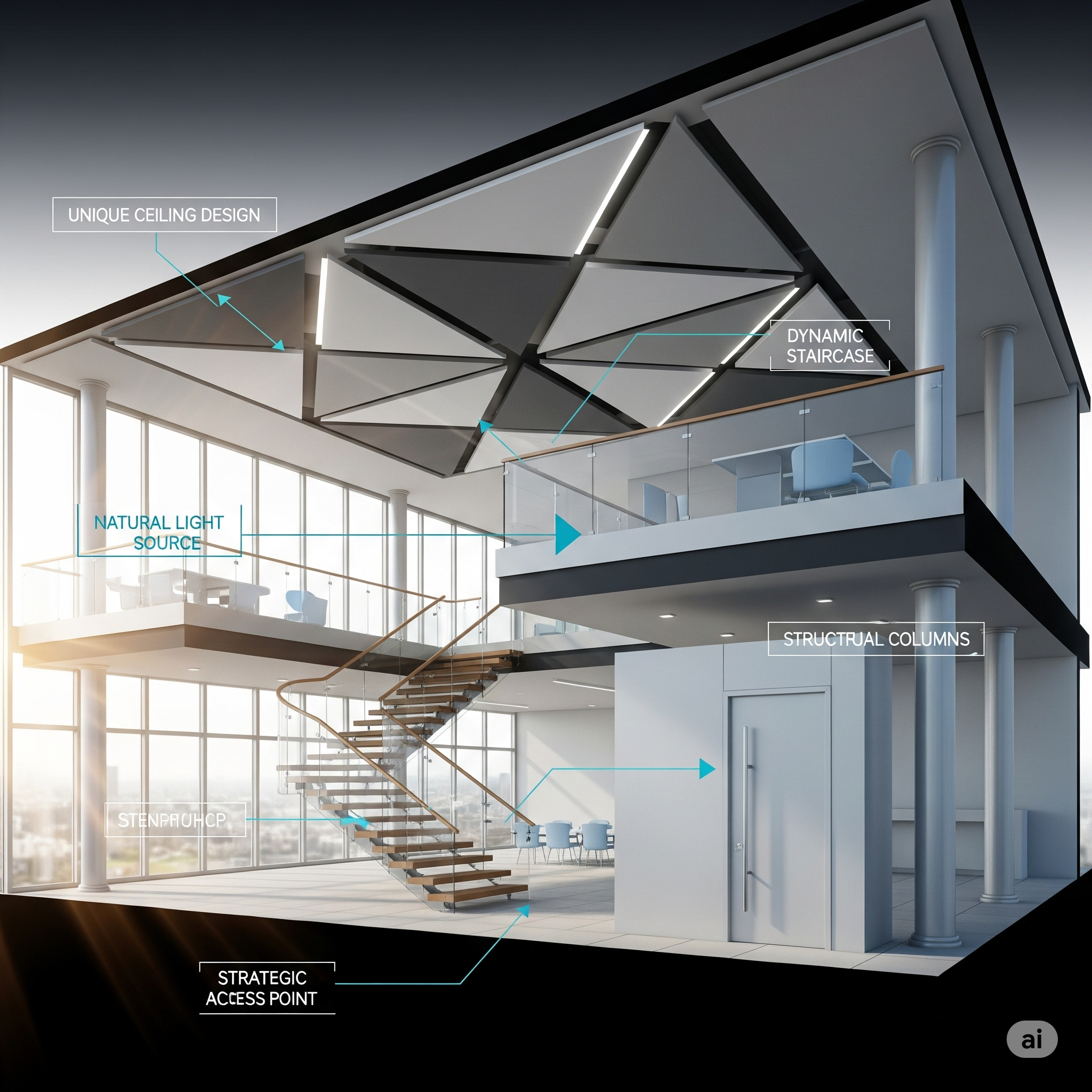 A 3D architectural rendering in an infographic style showcasing a sleek, open-plan commercial building interior. The image highlights a unique geometric ceiling design, a dynamic sculptural staircase with glass railings, large floor-to-ceiling windows, and elegant columns. Arrows and labels point to each element, emphasizing their synergistic relationship.
