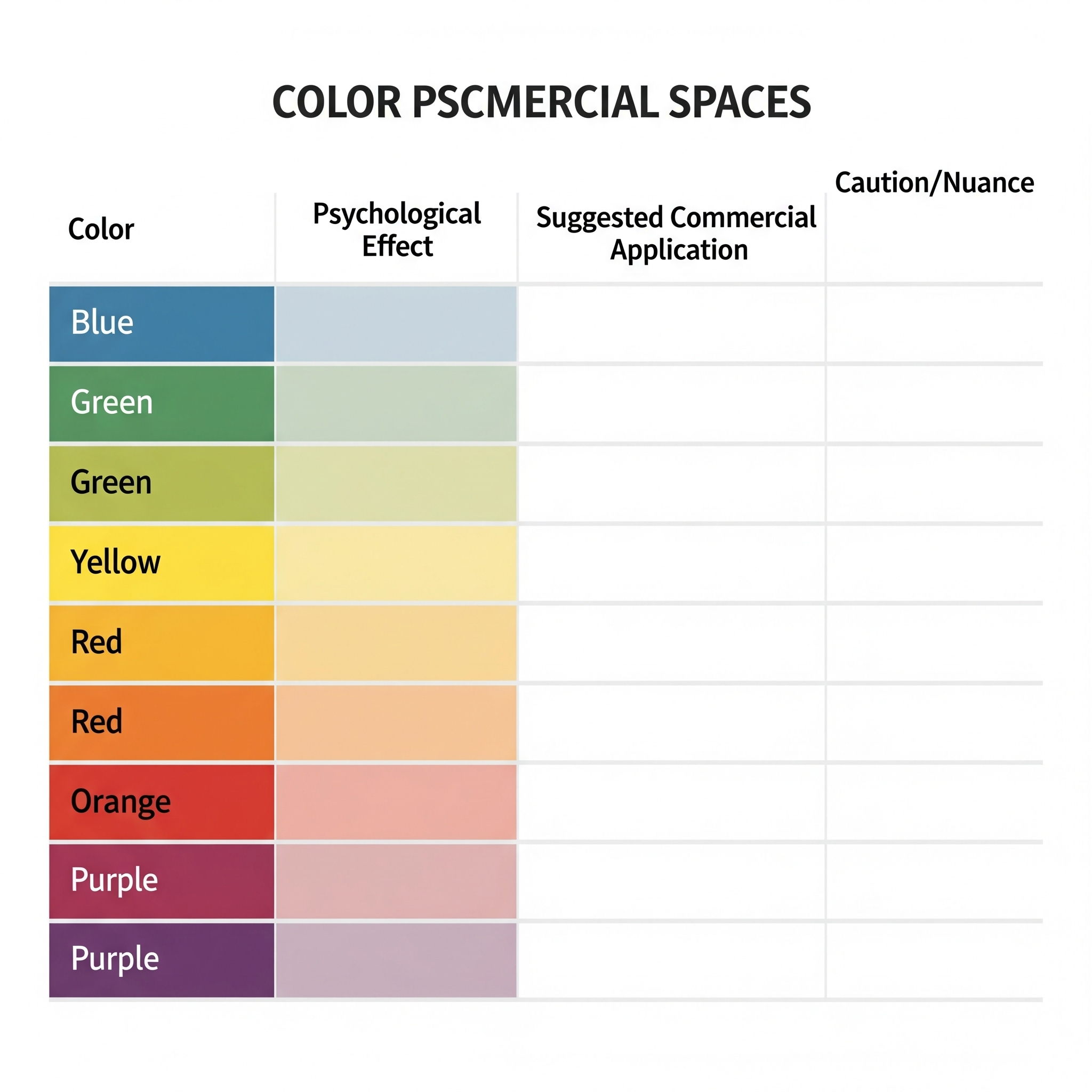 An infographic table illustrating color psychology in commercial spaces, detailing the psychological effects, suggested commercial applications, and cautions for colors including blue, green, yellow, red, orange, and purple."