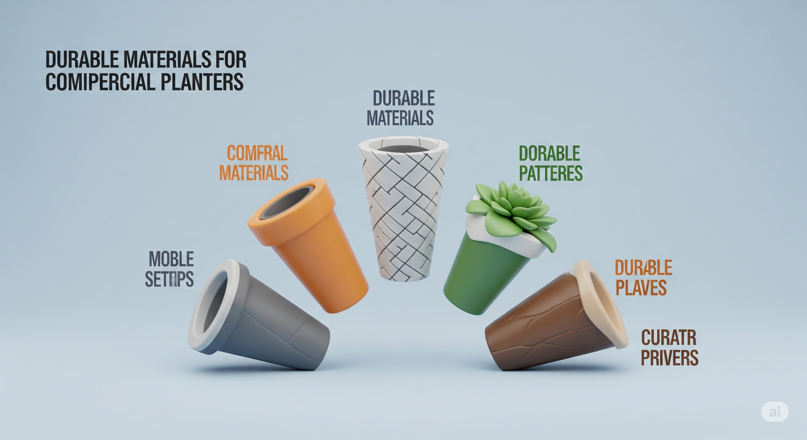 A 3D infographic illustrating different durable materials for commercial planters, including fiberglass, concrete, metal, and resin.