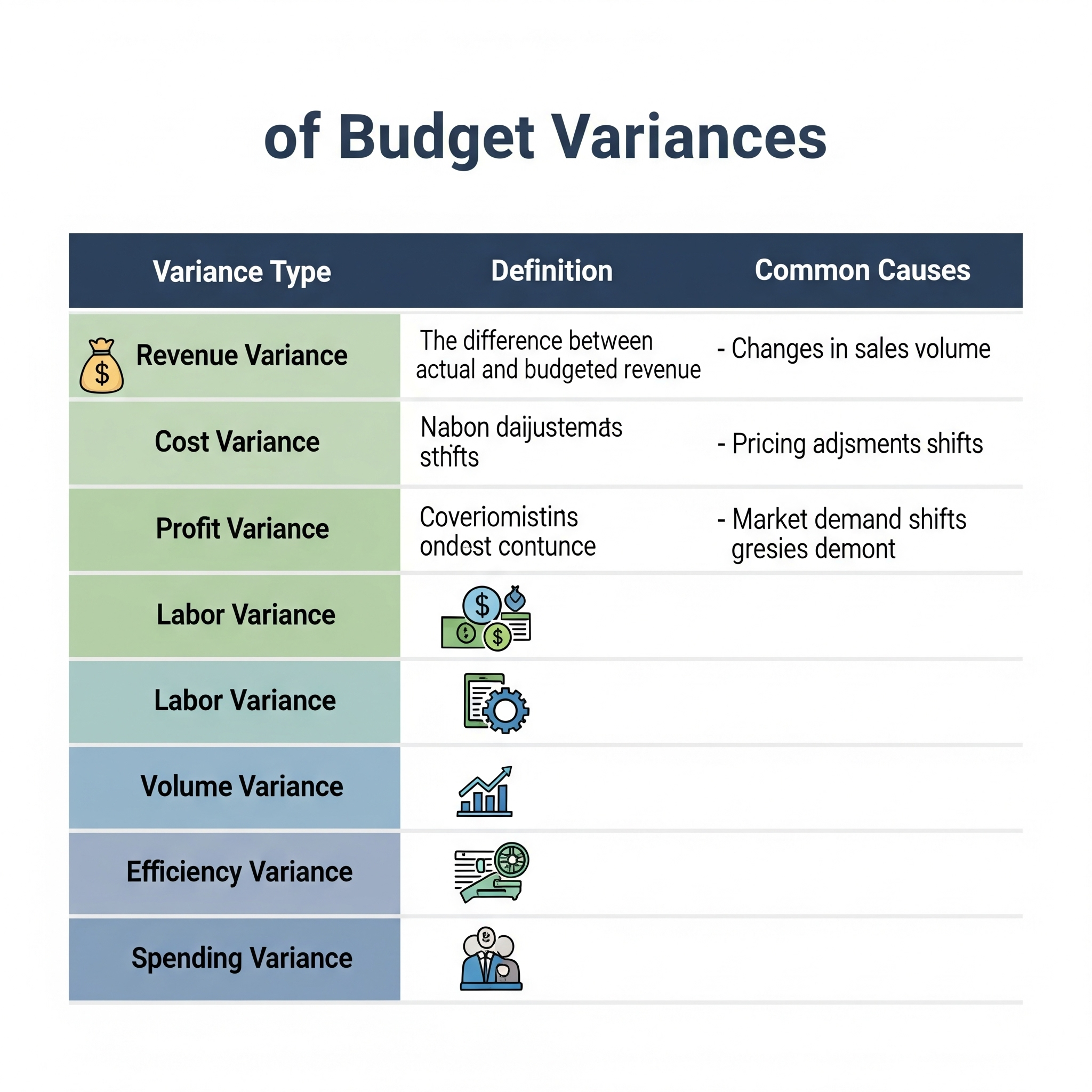Table 5: Types of Budget Variances Variance Type  Definition  Common Causes  Revenue Variance  Difference between actual and budgeted revenue.  Changes in sales volumes, pricing strategies, market conditions.  Cost Variance  Compares budgeted costs with actual costs.  Supply chain issues, labor inefficiencies, unexpected price fluctuations.  Profit Variance  Combines revenue and cost variances to assess overall profitability.  Interplay of revenue and cost factors.  Labor Variance  Analyzes deviations in labor costs.  Wage rates, productivity, overtime expenses.  Volume Variance  Measures how changes in output affect revenue and costs.  Shifts in production or sales volume.  Efficiency Variance  Assesses how well resources were utilized.  Operational inefficiencies, resource waste.  Spending Variance  Highlights overspending or underspending in specific categories.  Unforeseen expenses, favorable negotiations, poor cost control.