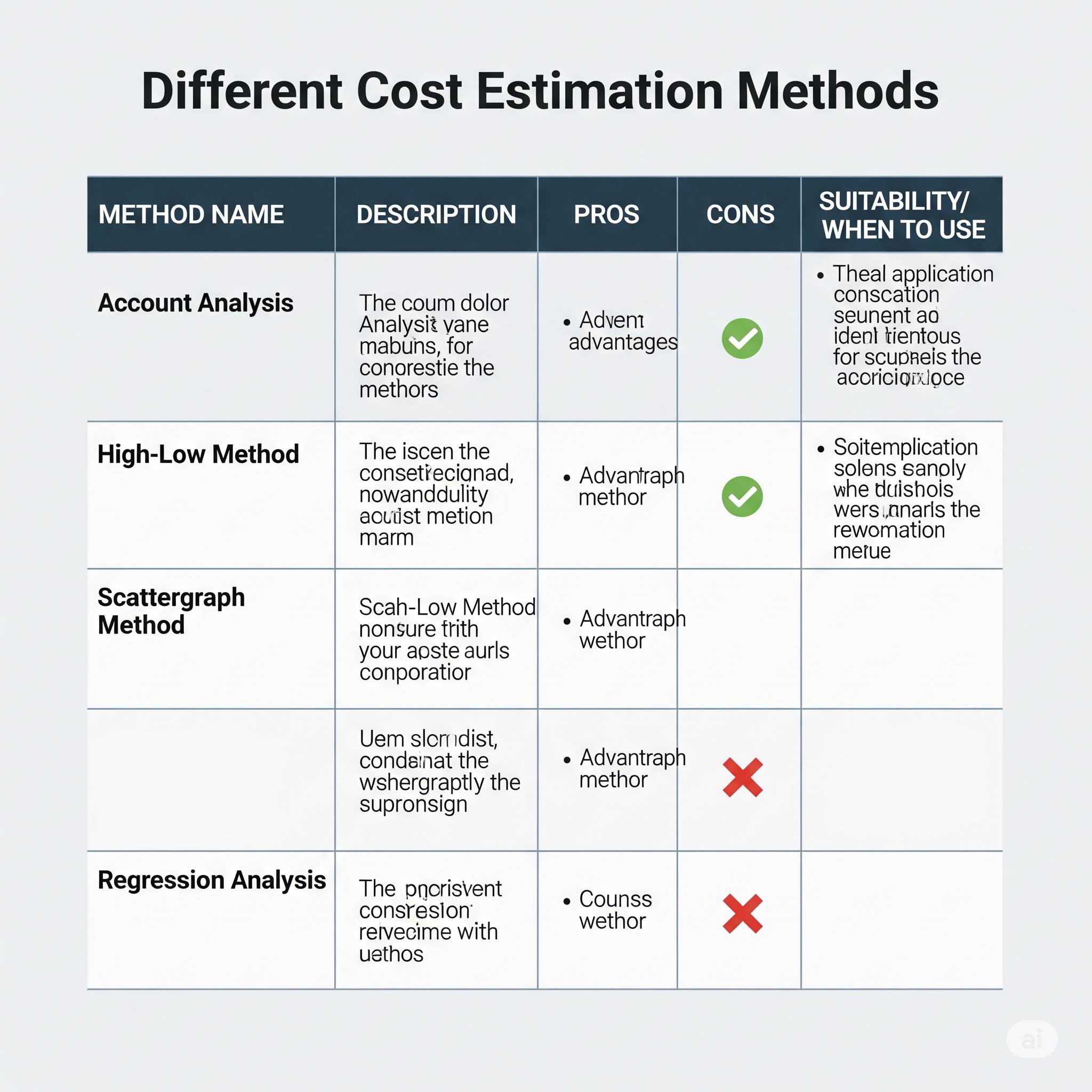 table comparing different cost estimation methods, including account analysis, high-low, scattergraph, and regression analysis, detailing their descriptions, pros, cons, and when to use them.